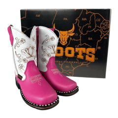 Bota Texana Infantil Zboots Bico Quadrado Pink Cano Branco Bordado – Ref. B020