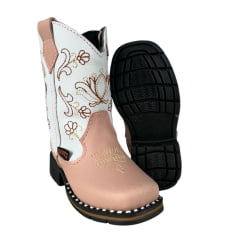 Bota Texana Infantil Zboots Bico Quadrado Rosa Cano Branco Bordado – Ref. B020