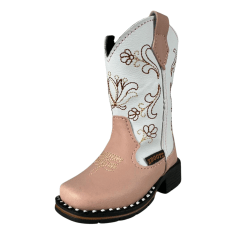 Bota Texana Infantil Zboots Bico Quadrado Rosa Cano Branco Bordado – Ref. B020