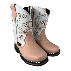 Bota Texana Infantil Zboots Bico Quadrado Rosa Cano Branco Bordado – Ref. B020