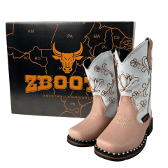 Bota Texana Infantil Zboots Bico Quadrado Rosa Cano Branco Bordado – Ref. B020