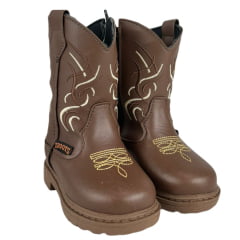 Bota Texana Infantil Zboots Bico Redondo Couro Café Bordado Branco E Marrom Ref:B012