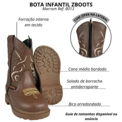 Bota Texana Infantil Zboots Bico Redondo Couro Café Bordado Branco E Marrom Ref:B012