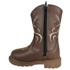 Bota Texana Infantil Zboots Bico Redondo Couro Café Bordado Branco E Marrom Ref:B012