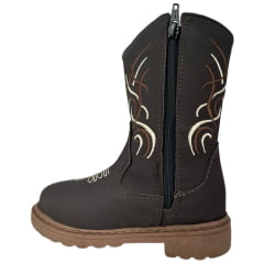 Bota Texana Infantil Zboots Bico Redondo Couro Nobuck Café Com Bordado Marrom E Branco Ref:BO017