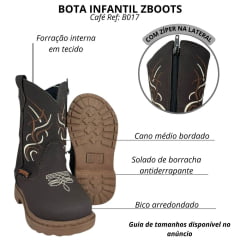 Bota Texana Infantil Zboots Bico Redondo Couro Nobuck Café Com Bordado Marrom E Branco Ref:BO017