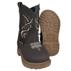 Bota Texana Infantil Zboots Bico Redondo Couro Nobuck Café Com Bordado Marrom E Branco Ref:BO017
