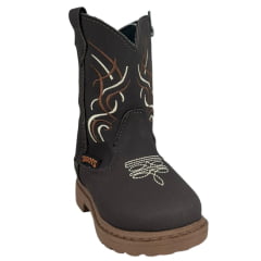 Bota Texana Infantil Zboots Bico Redondo Couro Nobuck Café Com Bordado Marrom E Branco Ref:BO017