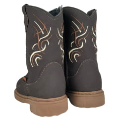 Bota Texana Infantil Zboots Bico Redondo Couro Nobuck Café Com Bordado Marrom E Branco Ref:BO017