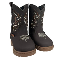 Bota Texana Infantil Zboots Bico Redondo Couro Nobuck Café Com Bordado Marrom E Branco Ref:BO017