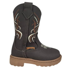 Bota Texana Infantil Zboots Bico Redondo Couro Nobuck Café Com Bordado Marrom E Branco Ref:BO017