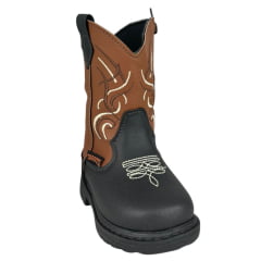 Bota Texana Infantil Zboots Bico Redondo Couro Preto/Conhaque Com Bordado Branco Ref:B013