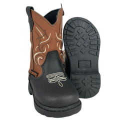 Bota Texana Infantil Zboots Bico Redondo Couro Preto/Conhaque Com Bordado Branco Ref:B013