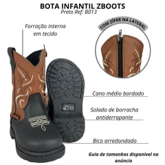 Bota Texana Infantil Zboots Bico Redondo Couro Preto/Conhaque Com Bordado Branco Ref:B013