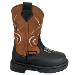 Bota Texana Infantil Zboots Bico Redondo Couro Preto/Conhaque Com Bordado Branco Ref:B013