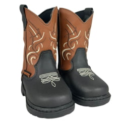 Bota Texana Infantil Zboots Bico Redondo Couro Preto/Conhaque Com Bordado Branco Ref:B013