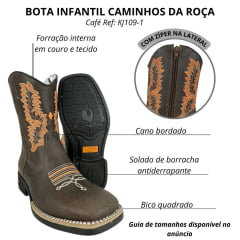 Bota Texana Juvenil Caminhos Da Roça Bico Quadrado Com Zíper Couro Fóssil Café Bordado Laranja E Cru Ref: KJ109-1