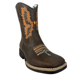 Bota Texana Juvenil Caminhos Da Roça Bico Quadrado Com Zíper Couro Fóssil Café Bordado Laranja E Cru Ref: KJ109-1