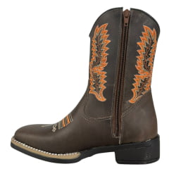 Bota Texana Juvenil Caminhos Da Roça Bico Quadrado Com Zíper Couro Fóssil Café Bordado Laranja E Cru Ref: KJ109-1