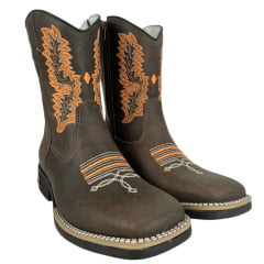 Bota Texana Juvenil Caminhos Da Roça Bico Quadrado Com Zíper Couro Fóssil Café Bordado Laranja E Cru Ref: KJ109-1