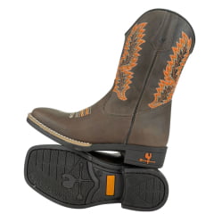 Bota Texana Juvenil Caminhos Da Roça Bico Quadrado Com Zíper Couro Fóssil Café Bordado Laranja E Cru Ref: KJ109-1