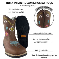 Bota Texana Juvenil Caminhos Da Roça Bico Quadrado Com Zíper Couro Graxo Chocolate Cano Bordado Colorido Ref:MD35