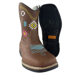 Bota Texana Juvenil Caminhos Da Roça Bico Quadrado Com Zíper Couro Graxo Chocolate Cano Bordado Colorido Ref:MD35
