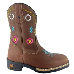 Bota Texana Juvenil Caminhos Da Roça Bico Quadrado Com Zíper Couro Graxo Chocolate Cano Bordado Colorido Ref:MD35