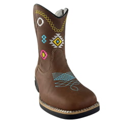 Bota Texana Juvenil Caminhos Da Roça Bico Quadrado Com Zíper Couro Graxo Chocolate Cano Bordado Colorido Ref:MD35
