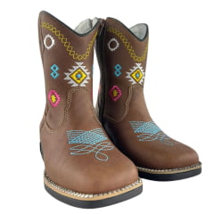 Bota Texana Juvenil Caminhos Da Roça Bico Quadrado Com Zíper Couro Graxo Chocolate Cano Bordado Colorido Ref:MD35