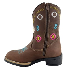 Bota Texana Juvenil Caminhos Da Roça Bico Quadrado Com Zíper Couro Graxo Chocolate Cano Bordado Colorido Ref:MD35