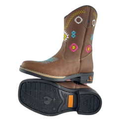 Bota Texana Juvenil Caminhos Da Roça Bico Quadrado Com Zíper Couro Graxo Chocolate Cano Bordado Colorido Ref:MD35