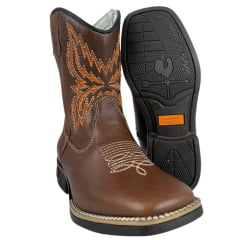 Bota Texana Juvenil Caminhos Da Roça Bico Quadrado Com Zíper CouroCom Bordado Florão Cano Laranja Ref:MJ39