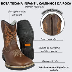 Bota Texana Juvenil Caminhos Da Roça Bico Quadrado Com Zíper CouroCom Bordado Florão Cano Laranja Ref:MJ39