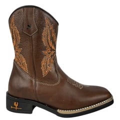 Bota Texana Juvenil Caminhos Da Roça Bico Quadrado Com Zíper CouroCom Bordado Florão Cano Laranja Ref:MJ39