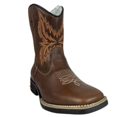 Bota Texana Juvenil Caminhos Da Roça Bico Quadrado Com Zíper CouroCom Bordado Florão Cano Laranja Ref:MJ39