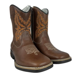 Bota Texana Juvenil Caminhos Da Roça Bico Quadrado Com Zíper CouroCom Bordado Florão Cano Laranja Ref:MJ39