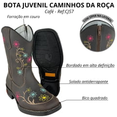 Bota Texana Juvenil Caminhos Da Roça Bico Quadrado Café Bordado Flores Ref:CJ57