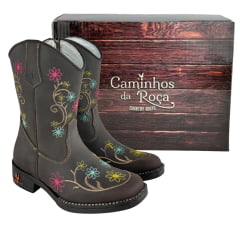 Bota Texana Juvenil Caminhos Da Roça Bico Quadrado Café Bordado Flores Ref:CJ57
