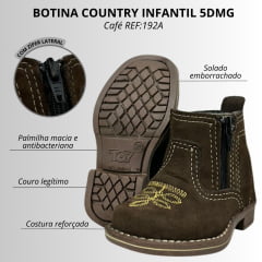 Botina Infantil 5DMG Bebê Menino Menina Country C/ Zíper Couro Abuf Café C/ Bordado Florão Amarelo - REF: 192A