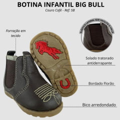 Botina Infantil Big Bull Bico Redondo couro Café Bordado Ref: 5B