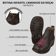 Botina Infantil Caminhos Da Roça Bico Quadrado Com Zíper Couro Café Com Bordado Rosa Ref:KI18