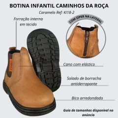 Botina Infantil Caminhos Da Roça Bico Quadrado Com Zíper Couro Caramelo Liso Ref:KI18-2