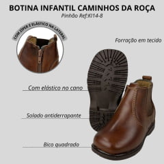 Botina Infantil Caminhos Da Roça Bico Quadrado Com Zíper Couro Látego Pinhão Ref:KI14-8