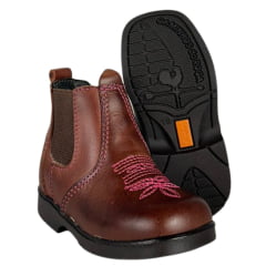 Botina Infantil Caminhos Da Roça Bico Quadrado Com Zíper Couro Pinhão Com Bordado Florão Rosa Ref:KI18