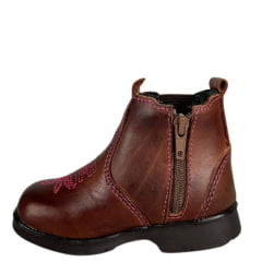 Botina Infantil Caminhos Da Roça Bico Quadrado Com Zíper Couro Pinhão Com Bordado Florão Rosa Ref:KI18