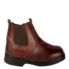 Botina Infantil Caminhos Da Roça Bico Quadrado Com Zíper Couro Pinhão Com Bordado Florão Rosa Ref:KI18