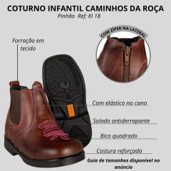 Botina Infantil Caminhos Da Roça Bico Quadrado Com Zíper Couro Pinhão Com Bordado Florão Rosa Ref:KI18