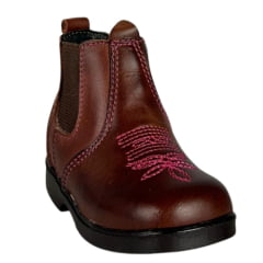Botina Infantil Caminhos Da Roça Bico Quadrado Com Zíper Couro Pinhão Com Bordado Florão Rosa Ref:KI18