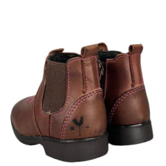 Botina Infantil Caminhos Da Roça Bico Quadrado Com Zíper Couro Pinhão Com Bordado Florão Rosa Ref:KI18